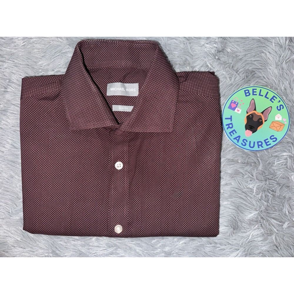 Michael Kors Medium Polka Dot Burgundy Slim Fit Long Sleeve Button Down Collared - Picture 1 of 10